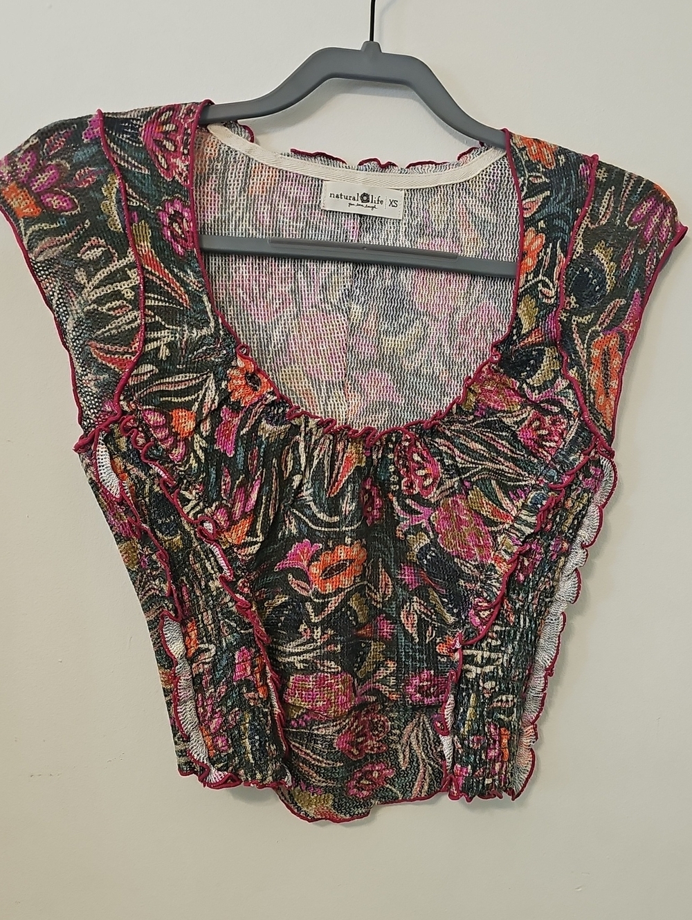 NATURAL LIFE Floral Mesh Crop Top in Black, Pink & Orange